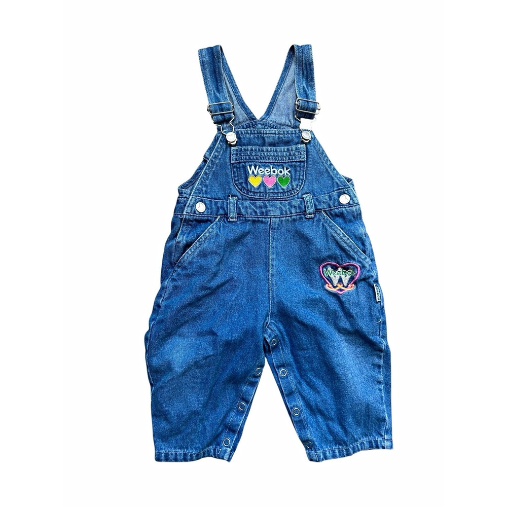 Vintage Weebok Reebok Girls Denim Overalls Heart Embroidered Snap Closure 12M